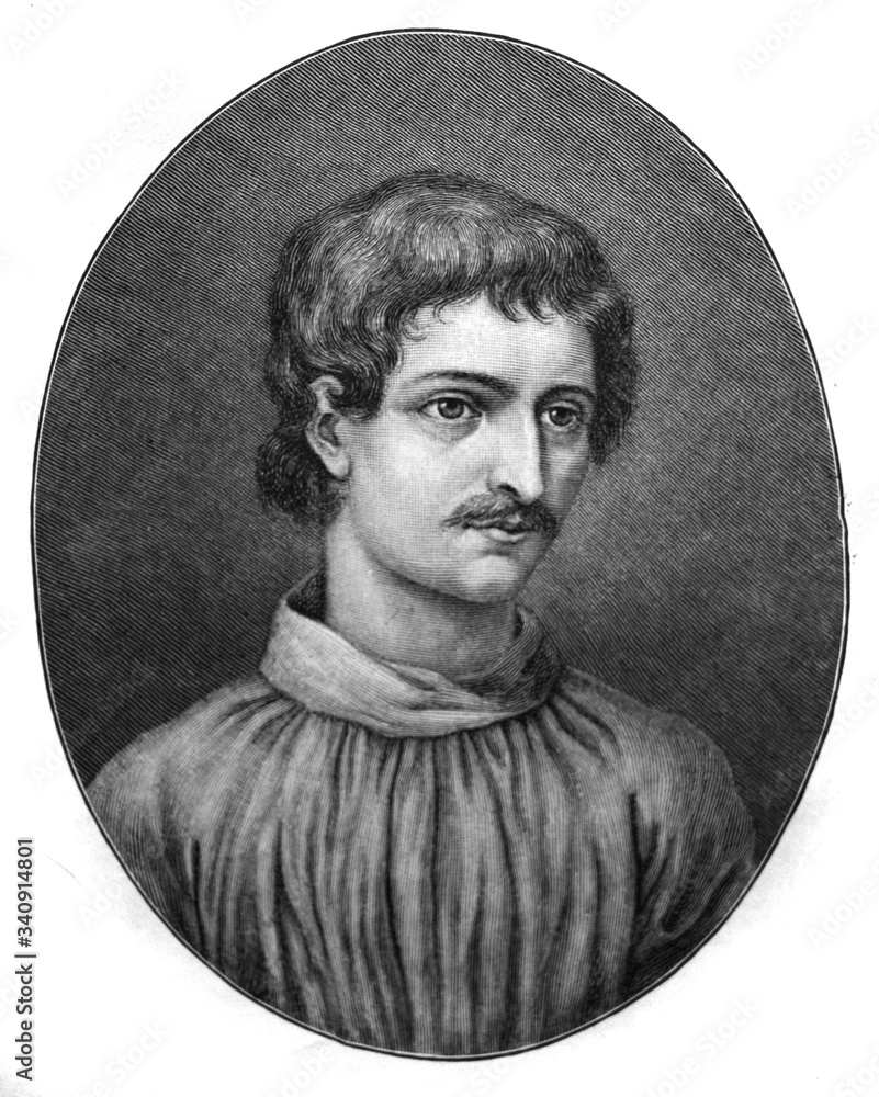 Fotografie, Obraz The Giordano Bruno's portrait, an Italian Dominican friar, philosopher, mathematician, poet in the old book the Giordano Bruno's life, by Iu, wowinside | Plakáty, obrazy, fototapety | Posters.cz