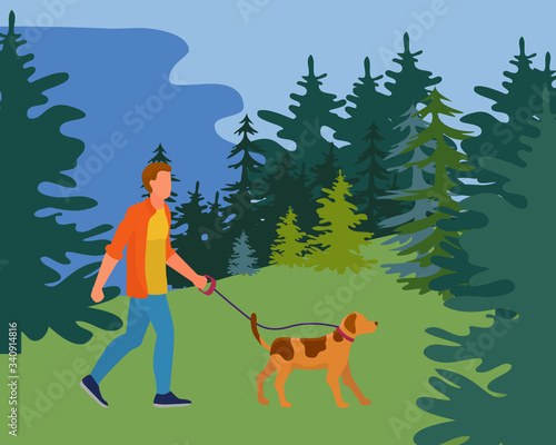 Person people walk dog on wild outdoor natural park flat vector illustration. Male character rest eco clean garden, forest place. Cozy place woodland relax, hound sparse growth stroll.