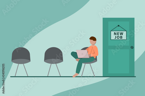 NEW JOB concept. Recruitment flat banner. man on chair front of door for giving job interview. Stock vector illustration