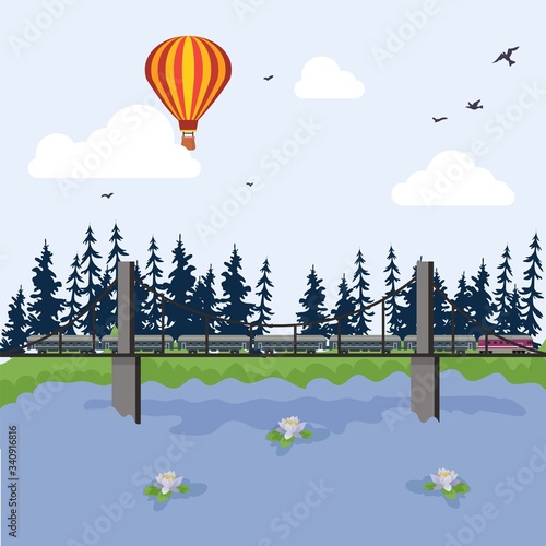 Concept natural forest area, train bridge ride and aerostat flat vector illustration. Travel country transport, clean lake water. Trip european nation woodland reserve and sparse growth.
