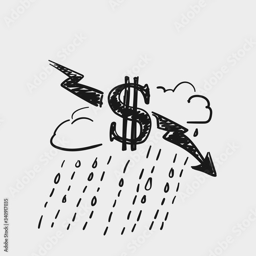 Crisis dollar rate decrease, Money symbol with down arrow lightning on rainy cloud vector fast sketch, Hand drawn illustration