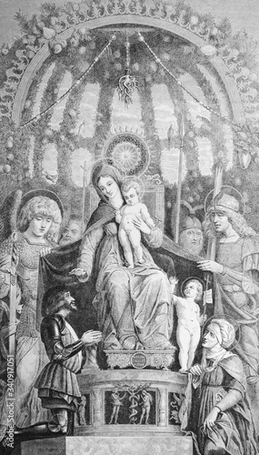 The Virgin of Victory by Andrea Mantegna, an Italian painter in the old book Histoire des Peintres, by M. Blanc, 1868, Paris