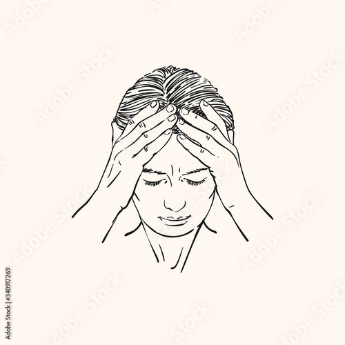 Sketch of young woman has problem and headache holding hands on her head, Hand drawn vector linear portrait illustration