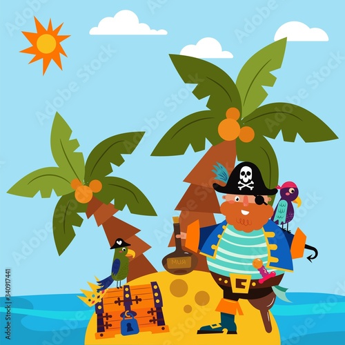 Pirate character male standing alone island, parrot bird flat vector illustration. Insular treasure chest, palm tree tropical beach and ocean side. Cute people sea raider guard jewel casket.