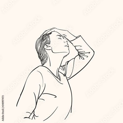 Sketch of young woman has headache holding hand on her head, Hand drawn vector linear portrait in profile