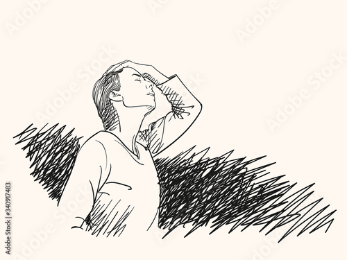 Sketch of young woman has headache holding hand on her head with hatched dark backdrop, Hand drawn vector portrait in profile