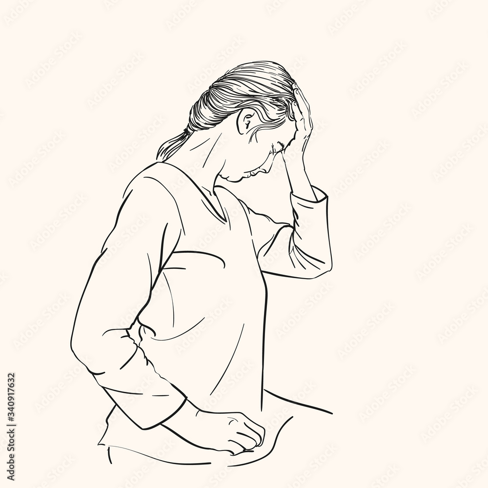 Sketch of young woman has headache holding hand on her head in profile, Hand drawn vector linear illustration Sketch of young woman has headache holding hand on her head in profile, Hand drawn vector linear illustration