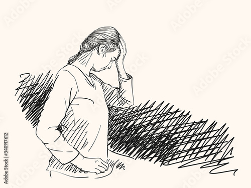 Sketch of young woman has headache holding hand on her head with cross-hatched dark backdrop, Hand drawn vector portrait in profile
