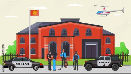 Police detention criminal, militia arrest offender flat vector illustration. Police department force vehicle and truck. Military helicopter flies city building, cynologist protect peace inhabitant