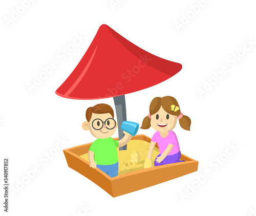 Boy and girl playing in sandbox under the roof. Cartoon flat vector illustration, isolated on white background.