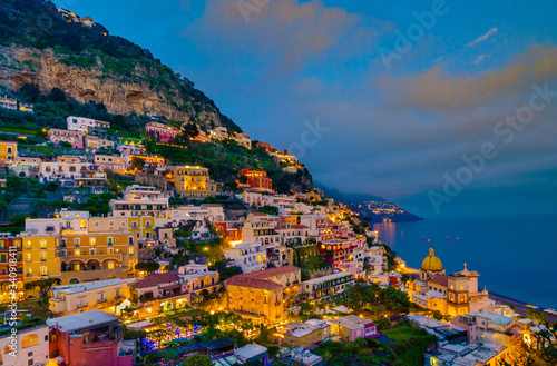 Sunset view of the town of Positano at  Amalfi Coast, Italy.