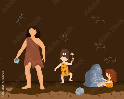 Prehistoric female character male primitive age, wildlife ancient time flat vector illustration. Woman defence family, simplistic wall drawing on cave. Single lonely mother daughter son.