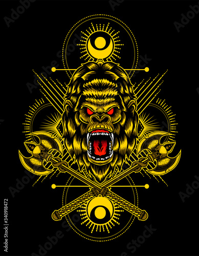 Photography Gorilla head angry face with sacred geometry-vector retro illustration