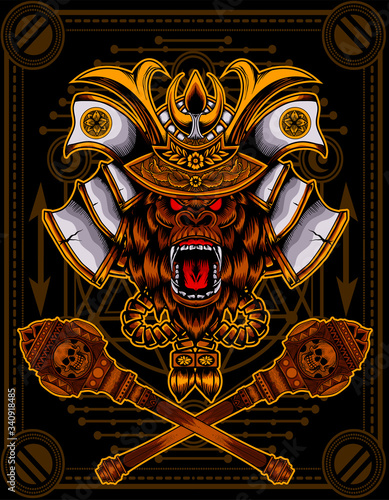Vector illustration gorilla head angry face with samurai helmet on black background.