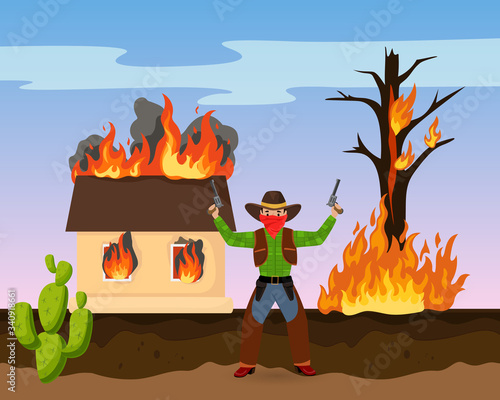Western robber shot gun, house on fire attack ransack flat vector illustration. American wild west cactus, sheriff hunting bandit. Headhunter shoot into air after start conflagration.
