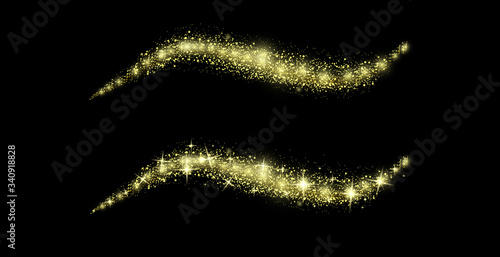 Confetti glittering wave. Vector golden sparkling comet tail. Christmas light effect. Sparkling golden magic light on black. Glowing gold dust, shiny glittering effect. Glitter bright trail