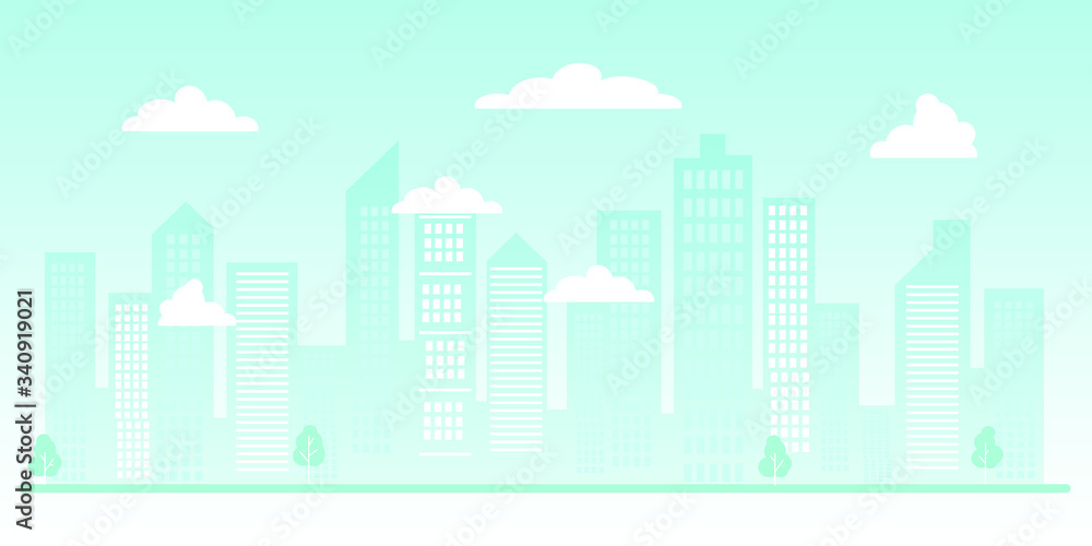 City silhouette or urban background. A modern city with skyscrapers and high-rise buildings, clouds, windows, light blue colors. Vector illustration in flat style.