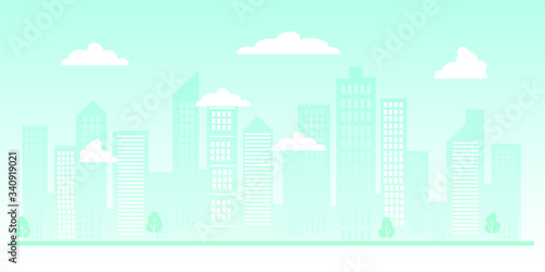 City silhouette or urban background. A modern city with skyscrapers and high-rise buildings  clouds  windows  light blue colors. Vector illustration in flat style.