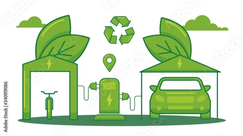 Electric refueling transport, eco friendly refill car isolated on white, flat vector illustration. Ecology clean energy, save surrounding environmental. Safe nature vehicle without contamination.