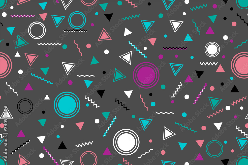 Memphis style seamless pattern with geometric shapes and patterns. Vector.