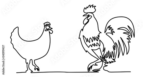 chicken and rooster animal husbandry one line illustration