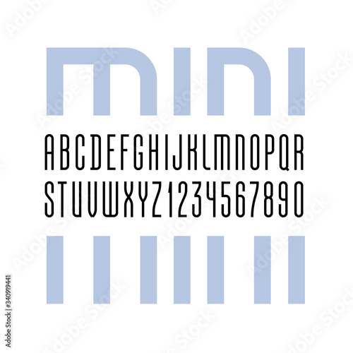 High font, condensed tall regular alphabet sans serif, trendy uppercase Latin letters from A to Z and Arab numbers from 0 to 9 for you designs, vector illustration 10EPS