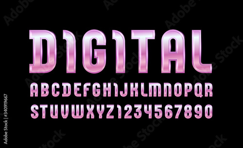 High steel font of pink style, trendy glossy alphabet, Latin letters from A to Z and Arab numbers from 0 to 9 for you designs, vector illustration 10EPS