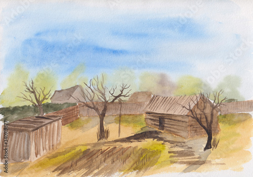 Stock watercolor painting of spring Eastern Europe countryside landscape with two village houses on the background and two on the foreground. Wooden buildings and trees at early spring season.