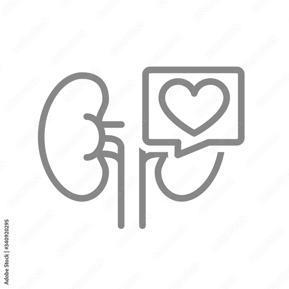 Kidneys with heart in speech bubble line icon. Healthy organ for filtering blood symbol Kidneys with heart in speech bubble line icon. Healthy organ for filtering blood symbol