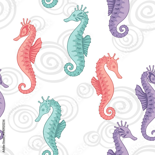 Sea horse color seamless pattern sketch background illustration vector © aluna1