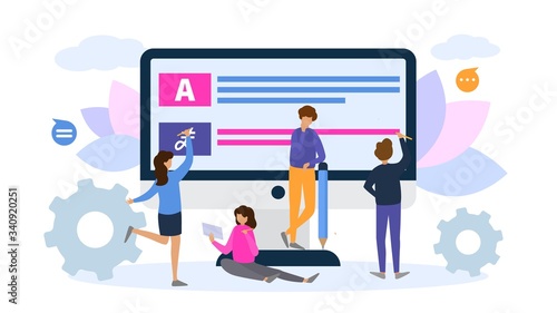 Online learning language tiny character people stand monitor concept flat vector illustration. Remote training speech design web page. Concept modern teaching male female student gain knowledge.