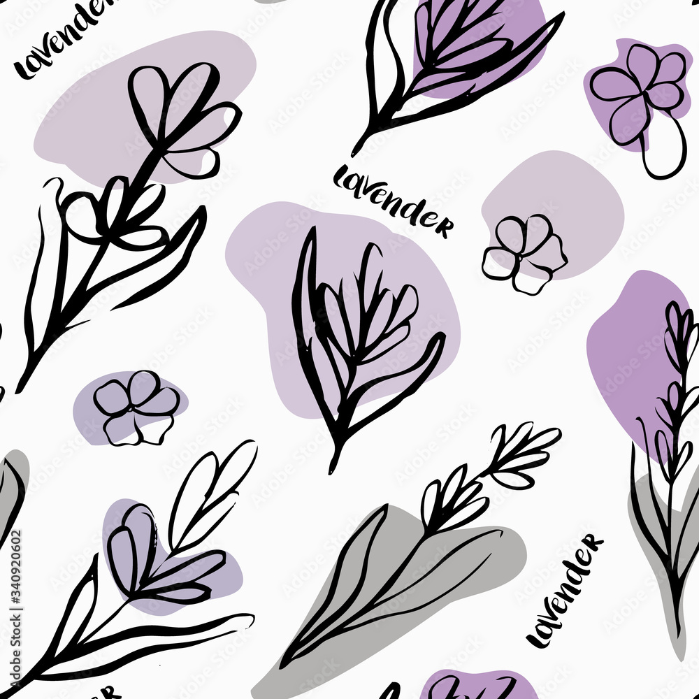 Seamless patten with lavender flowers. Hand drawn illustration. Doodle style.