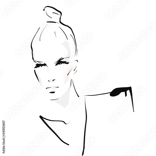 Hand-drawn portrait of beautiful young woman. Fashion illustration in sketch style. Vector