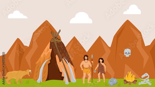 Ancient character male female hunting prehistoric tiger flat vector illustration. Tribe on hunt wildlife nature hunter skin predator, past ages time. Man spear defence primitive tent.