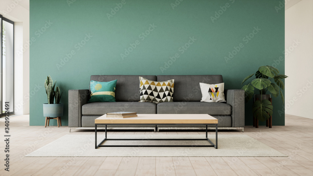 vue 3d salon avec canapé gris et mur bleu canard 01 Stock Illustration |  Adobe Stock