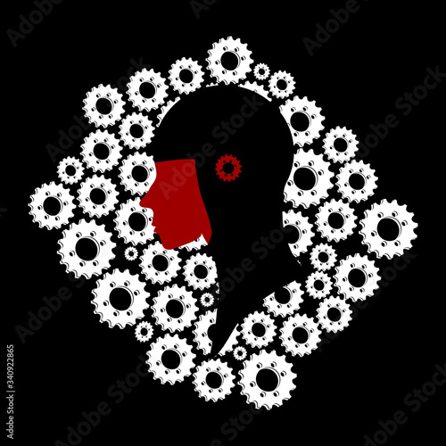 Black and white head silhouette on white cogs