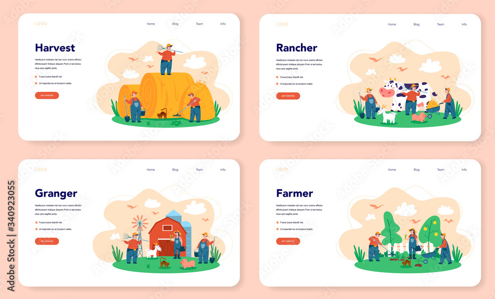 Fototapeta premium Farm, farmer web banner or landing page set. Farmers working on the