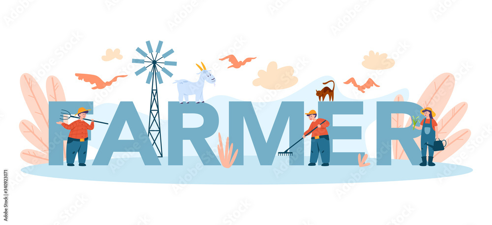 Obraz premium Farm, farmer typographic header concept. Farmers working on the