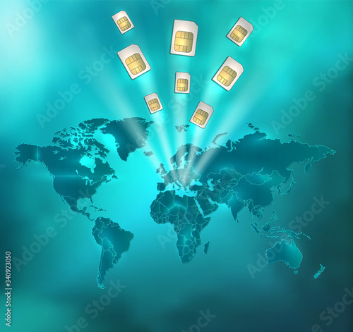 World map with separate states and sim cards in glowing magic light on celestial background vector