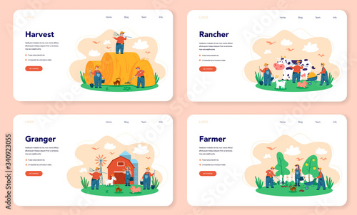 Farm, farmer web banner or landing page set. Farmers working on the
