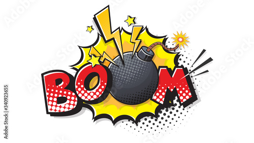 BOOM expression text. Bomb bubble in pop art style. Comic vector illustration of a bright and dynamic cartoonish dynamite img in retro style isolated on white background