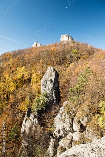 autumn Sulovske skaly mountains in Slovakia with rocks  colorful forest and clear sky