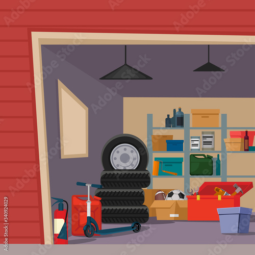 Cartoon Color Garage Interior Inside Concept. Vector