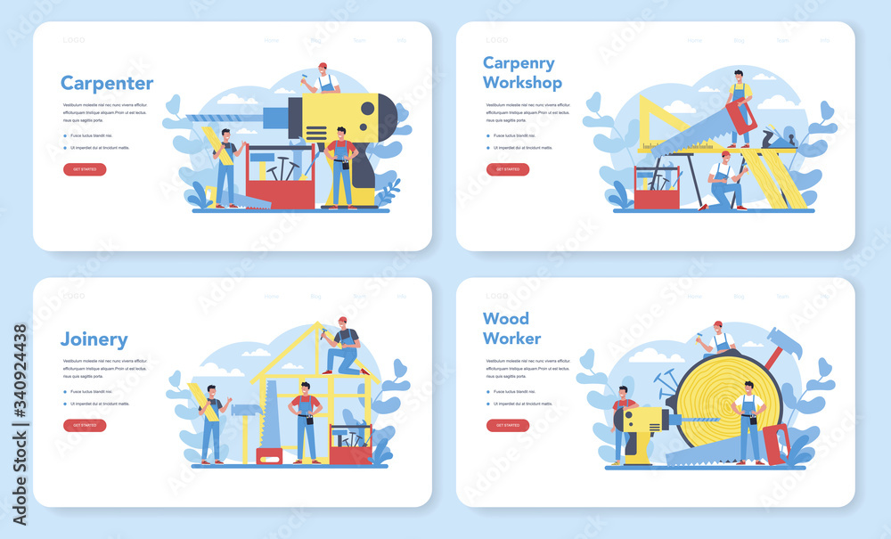 Woodworker or carpenter concept web banner or landing page set. Woodworker or carpenter concept web banner or landing page set.