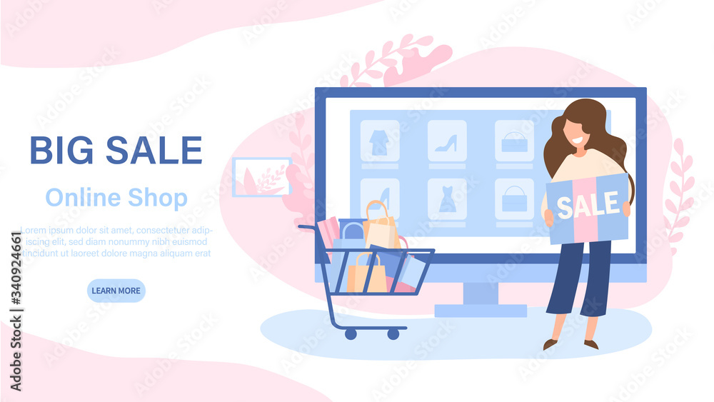 Big Sale concept with woman shopper and a trolley full of bags and merchandise in front of a shop window selling fashion accessories, vector illustration Big Sale concept with woman shopper and a trolley full of bags and merchandise in front of a shop window selling fashion accessories, vector illustration
