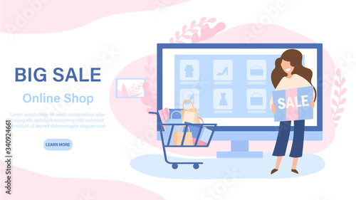 Big Sale concept with woman shopper and a trolley full of bags and merchandise in front of a shop window selling fashion accessories, vector illustration