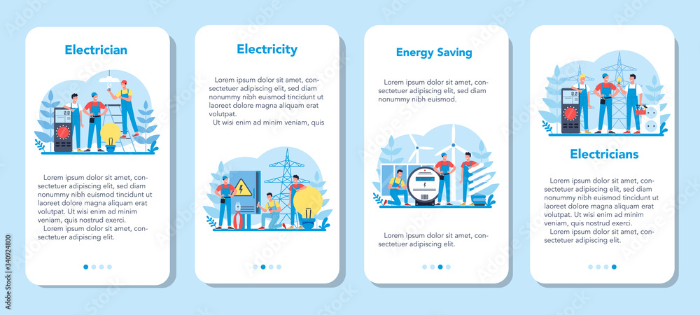 Electricity works service mobile application banner set. Professional