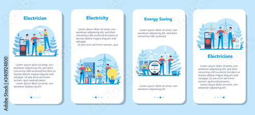Electricity works service mobile application banner set. Professional