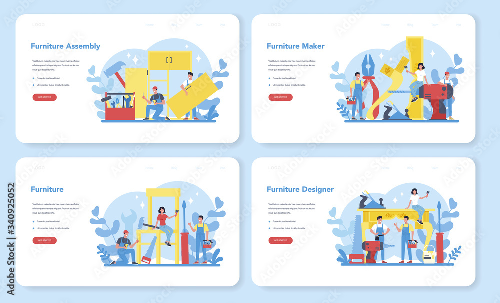 Wooden furniture maker or designer web banner or landing page set. Wooden furniture maker or designer web banner or landing page set.