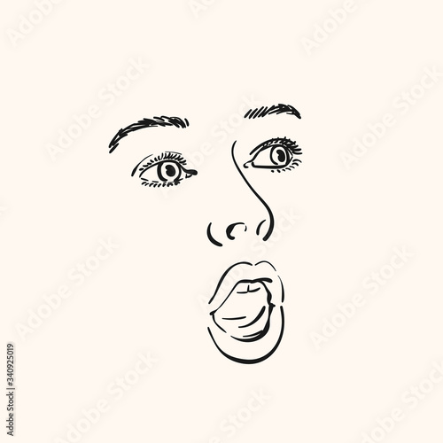 Face of excited young woman with open mouth and eyes looking sideways, Vector sketch Hand drawn illustration